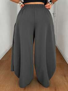 Maweii Plus Size Women's Solid Color Pleated Wide Leg Loose Casual Long Pants For Vacation Fall - Grey - View 2