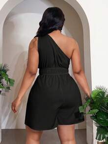 Slaydiva Waist Cinched With Pockets Plus Size Short Jumpsuit - A - Black - View 2