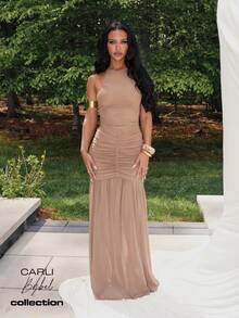 MISSGUIDED X Carli Bybel Halter Neck Ruched Maxi Dress With Extreme Gathered Skirt Detail Open Back Formal Evening Gown - Brown - View 1