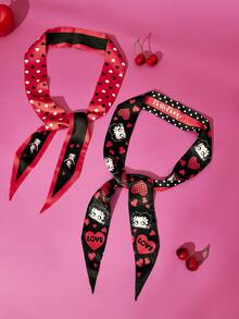 Betty Boop x SHEIN 2入組時尚女士黑色紅色光滑柔軟緞面髮帶波點格紋櫻桃絲巾，適合髮型設計、禮物、戶外旅行、禮物靈感、派對、節日、情人節 - 彩色 - 查看 2