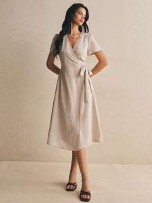 Poéselle Women's Striped Side Waist Tie Short Sleeve Casual Dress - Apricot - View 8