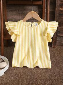 SHEIN LMoss Kids 女童編織素色圓領荷葉邊修身休閒襯衫 - 黃色 - 查看 4