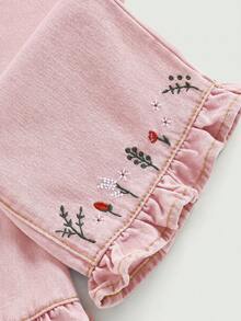 LMoss Kids 女嬰花卉刺繡口袋休閒寬鬆牛仔褲 - 粉色 - 查看 3