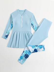 SHEIN Top de bikini tipo camisola para niñas preadolescentes con estampado aleatorio, protección solar - Celeste - Ver 3