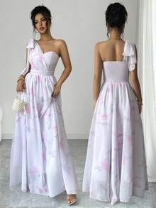 SHEIN Elenzya Urban Fashion Elegant Vacation New Women's Spring/Summer Pink Decorative Textured Fabric Short Sleeve Dress Suitable For Daily Wear, Wedding, Evening Party, Daily Commute, Graduation Party, Holiday Events, Vacation, Dating, Party, Halloween, Christmas, New Year, Thanksgiving, Wedding Women's Digital Print Dress - Pink - View 8