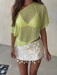Top Asimétrico de Color Sólido Casual para Mujer , Verano, Top de Verano - Verde - Ver 3