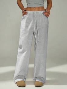 SHEIN Tall CURVE Pantalon long ample et polyvalent à jambes larges avec taille à cordon de serrage et rayures pour femmes grandes tailles - Bleu marine - Voir 3