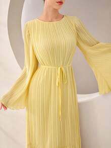 Graceveil Vestido Árabe Elegante Casual con Cintura Plisada Amarilla Suave para Invitado de Bautizo Formal de Invierno - Amarillo - Ver 5