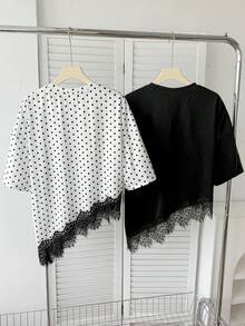 SHEIN 兒童青少年女孩休閒優雅純黑色蕾絲拼接與圓點印花不對稱下擺寬鬆短袖2件組T恤套裝，春/夏黑色上衣圓點上衣2件組 - 黑與白 - 查看 4