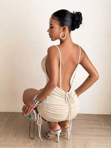 Slaydiva Summer Spaghetti Strap Draped Neck Backless Drawstring Ruched Shiny Chiffon Bodycon Mini Dress - Green - Apricot - View 2