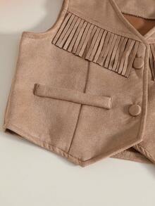 Girls' Brown Leather & Fleece V-Neck Vest With Front Panel Patchwork, Tassel, Faux Pockets, Button Placket, V-Hem Trim, Western Country Vacation Style, Thin For Autumn/Winter - Khaki - View 5