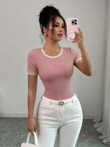 Elenzga Women's Summer Casual Daily Commute Ribbed Knit Contrast Trim Short Sleeve T-Shirt Date Pink And White - Pink - View 2