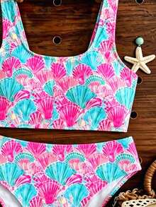 Tween Girls Casual Tropical Cute Simple Camisole Tank Top Triangle Bikini Bottom Swimsuit Set, Suitable For Summer Vacation Beach Pink - Multicolor - View 3