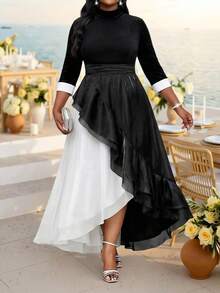 Fleurora Plus Size Women's Elegant Formal Black And White Autumn Chiffon Stand Collar 3/4 Sleeve Double Ruffle Hem Cinched Waist Midi Party Wedding Dress - Black and White - View 3
