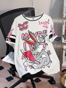 LOONEY TUNES X SHEIN 大码字母卡通图案圆领短袖T恤 - 白色 - 查看 3