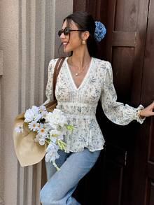 Serisse 女款優雅鄉村仙氣風熱帶花卉圖案對比蕾絲長袖襯衫，適合度假、派對、約會，米色秋季款 - 彩色 - 查看 6