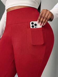 SHEIN PETITE CURVE 大尺碼女款秋冬開學季休閒居家瑜伽舒適戶外純黑色針織彈性腰高腰口袋喇叭褲，附口袋內搭褲 - 紅色 - 查看 8
