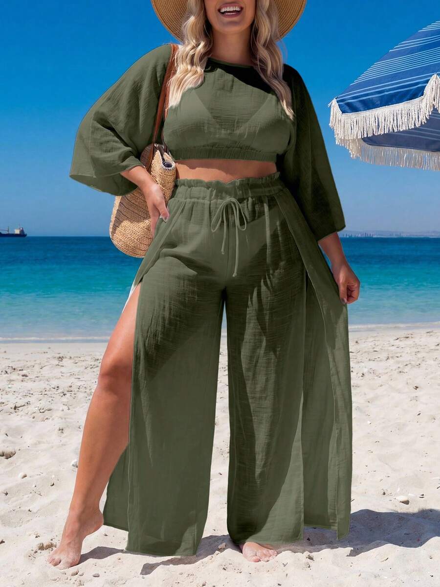 Swim Lushoire Plus Size Cover-Up Set Loose Split Cover-Up Vacation Style - Olive Green - View 1