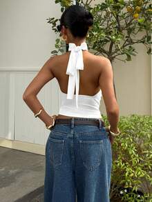 Muchica Women's Solid Color Halter Neck Casual Versatile Daily Outing Top - White - View 2