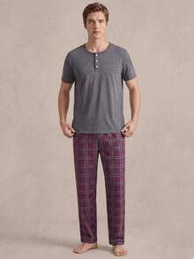 EverLounge Men's Solid Color Crew Neck Short Sleeve Top And Plaid Long Pants Casual Daily Homewear Set - Dark Grey - View 4