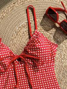 Swim Mod Women's Red Plaid Random Print Drawstring Front One-Piece Swimsuit, Suitable For Summer Beach Vacation - Red - View 5