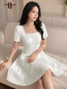 Celisse Elegant French Light Luxury Style Jacquard Square Neck Short Sleeve Waist-Defining Slimming A-Line Commuter Vacation Spring Summer Women's Dress - White - View 4
