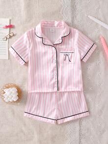 SHEIN 2pcs/Set Baby Girl Home Pajamas With Exquisite Embroidered Pattern, Matching Satin Trim - Pink - View 5
