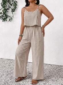 Jumpsuit Kasual Longgar Bergaris dengan Tali Pengikat untuk Wanita Ukuran Plus, Celana Panjang, Cocok untuk Pemakaian Sehari-hari dan Liburan - Coklat - View 3
