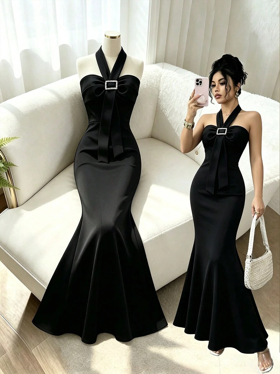 Selianne Black Halter Mermaid Dress Dinner Summer Elegant Sexy Wedding - Black - View 1