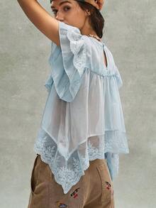 Bohemela 女款夏季浪漫度假法式波希米亞音樂節刺繡荷葉邊蕾絲拼接襯衫，隨性休閒風格，自由自在穿搭，嘉年華女裝，海灘夏季度假 - 藍色 - 查看 4