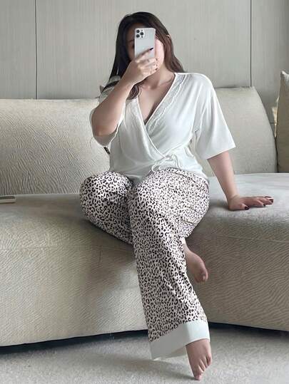 Dazy Plus Lace Patchwork Loose Button-Down Top & Leopard Print Lace Patchwork Pajama Pants Plus Size Women's Spring Summer Autumn Sleepwear Set