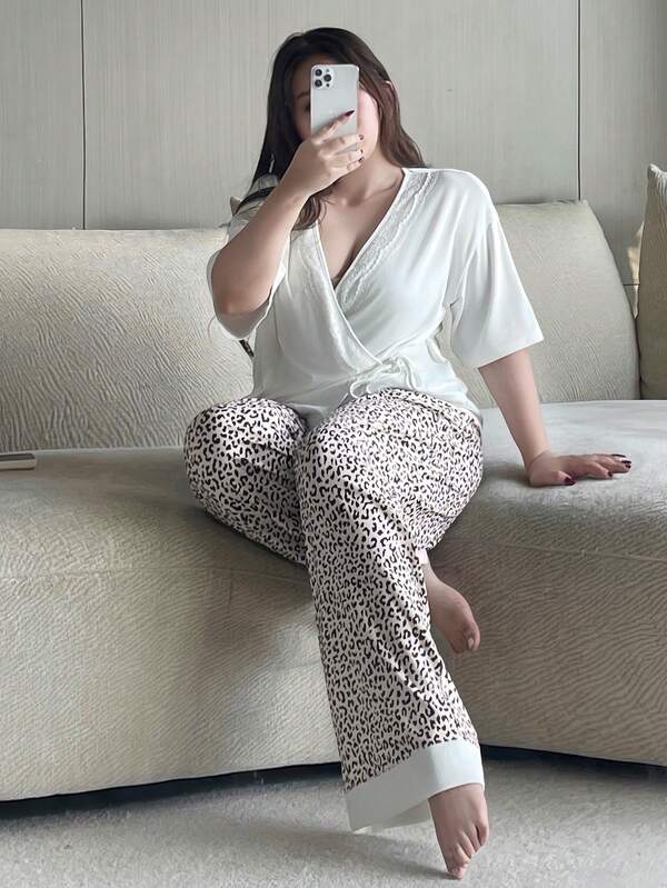 Dazy Plus Lace Patchwork Loose Button-Down Top & Leopard Print Lace Patchwork Pajama Pants Plus Size Women's Spring Summer Autumn Sleepwear Set