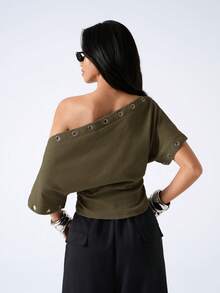 LYSMO Women's Summer Fashion Solid Color Asymmetric Neck Waist-Cinching T-Shirt - Army Green - View 2