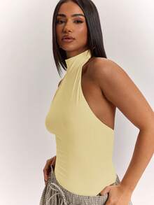 SHEIN BAE Women's Solid Color Halter Neck Backless Fitted Versatile Daily Outing Bodysuit - Yellow - View 5