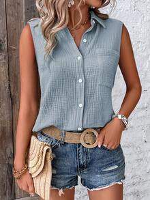 EMERY ROSE Camisa sin mangas de unicolor con un solo botón y bolsillo casual para mujer - Azul - Ver 5