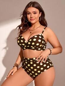 Swim Lushoire 大尺碼女款 2 件組 吊帶上衣 黑白波點印花 聚攏式 時尚簡約 分體泳衣 度假套裝 - 黃色 - 查看 3