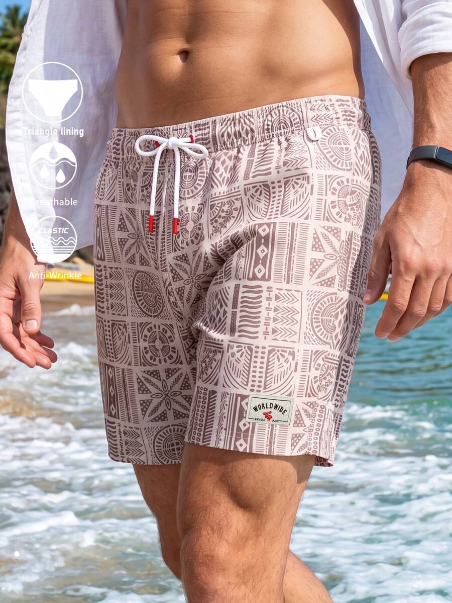 CoralVoy Men's Vacation Geometric Print Drawstring Waist Casual Beach Shorts - Beige - View 1