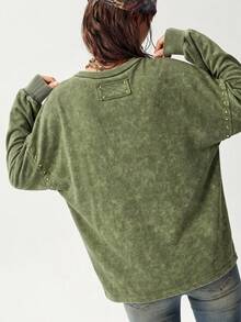 Bohemela 休閒純色針織圓領長袖寬鬆水洗女款運動衫 - 軍綠色 - 查看 10