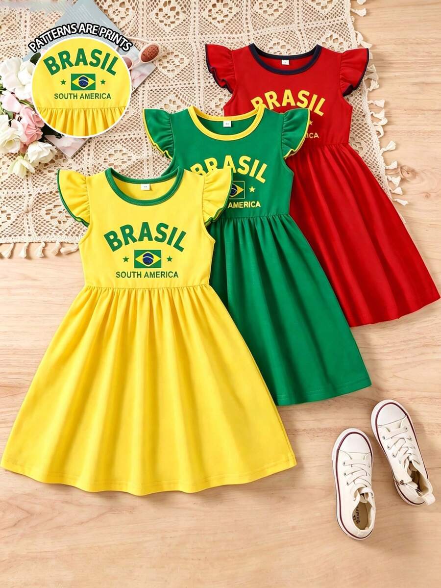 女童3件組洋裝 黃綠紅藍配色 BRASIL 印花 巴西國旗 荷葉袖圓領配色A字洋裝 適合外出 夏季 - 彩色 - 查看 1