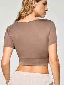 SHAPORA 1pc Women Coffee Brown V-Neck Tight Cropped Top - Coffee Brown - View 3
