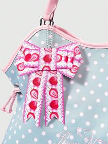 ROMWE Kawaii 1個棕色可愛草莓蝴蝶結吊飾Y2K復古波點字母刺繡徽章花卉印花女款托特包，大容量女款單肩包 - 藍色圓點款 - 查看 3