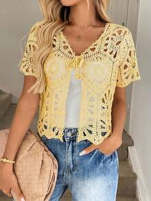 Easowa Cardigan femme jaune à manches courtes, ajouré, avec nœud papillon et lacets - Jaune d'oie - Voir 5