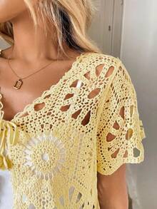 Easowa Cardigan femme jaune à manches courtes, ajouré, avec nœud papillon et lacets - Jaune d'oie - Voir 7