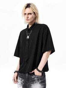 ROMWE MEN Street Life Men's Solid Color Casual Versatile Daily Travel Shirt - Black - View 4