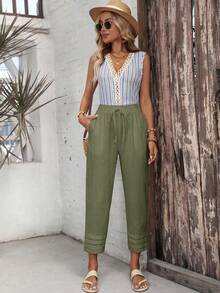 EMERY ROSE Pantalones largos holgados casuales con bolsillo y lazo en la cintura de unicolor para mujer - Verde Caza - Ver 6
