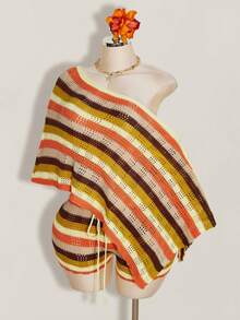 SHEIN ICON Women's Plus Size Burnt Orange Colorblock Asymmetric Shoulder Top And Shorts Casual Elegant Cottage Core Gyaru Daily Knit Set Autumn Beach Dinner - Multicolor - View 3