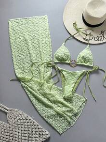 Bonvoyette 3pcs Spring/Summer Vacation Floral Textured Fabric Gold Asymmetrical Ring Decor Halter Triangle Bikini Top, Side Tie Bikini Bottoms & Sarong Sexy Women's Swimwear Set - Mint Green - View 6