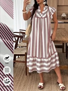 Weeklong Women's Plus Size Spring/Summer Casual Boho Vacation Loose Striped Ruffle Sleeve Ruffle Hem Dress, Suitable For Daily Beach White - Multicolor - View 6