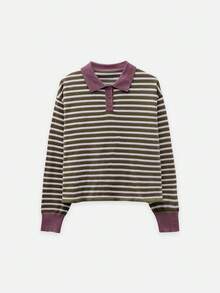 Nöista Striped Polo Knit Shirt In Olive, Mauve And Cream Tones Featuring Contrast Collar And Cuffs. Comfortable Everyday Essential For Fall Winter - Army Green - View 8