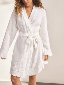 Ocili Comfortable Cotton Soft Mesh Double-Layer Robe Sleepwear For Women, Frill Trim Long Robe - White - View 6